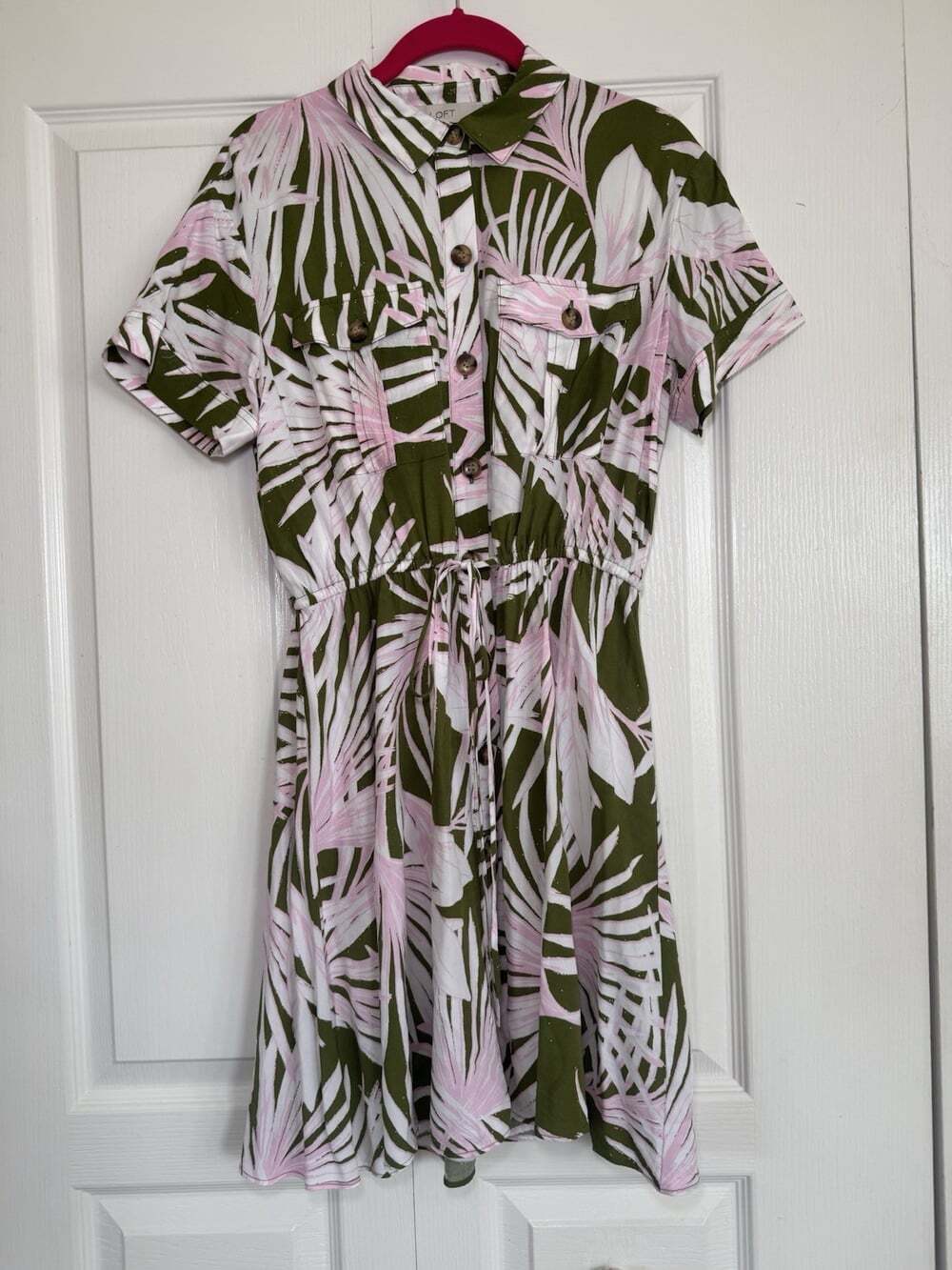 LOFT Tropical Palm Print Drawstring Waist Shirt Dress Size Small - Picture 2 of 11